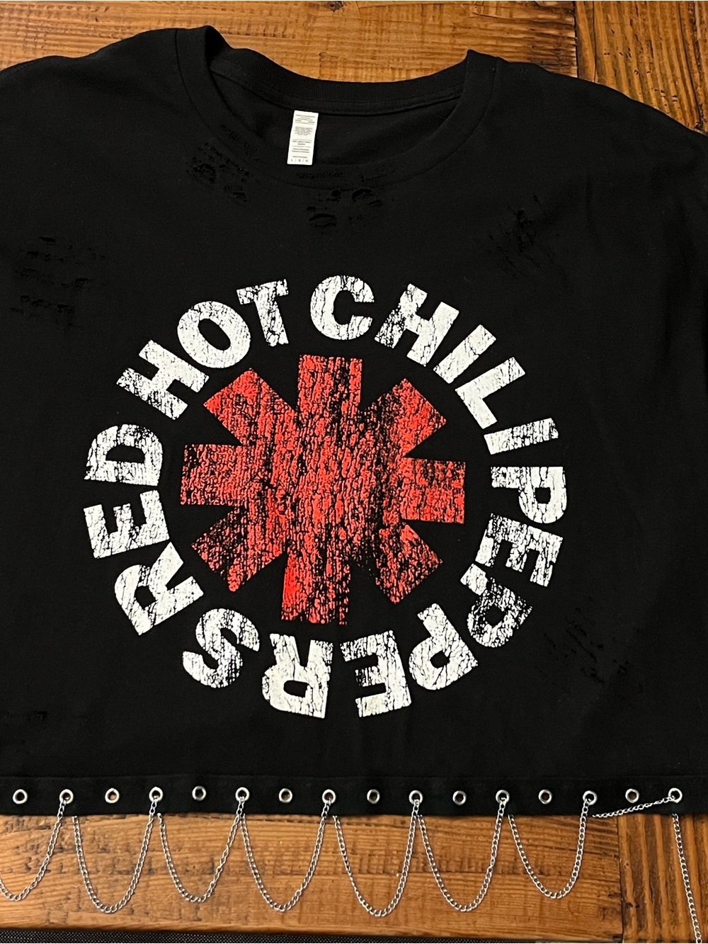 REVICE Black Short Sleeve Graphic Tee with Red Star Logo and Silver Chain Trim